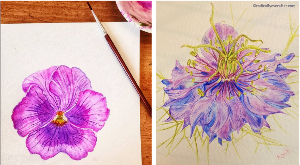 Watercolor flower portraits, pansy and love in a mist